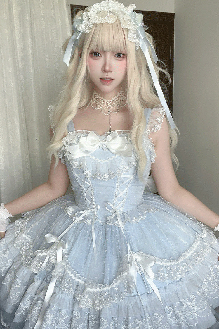 Blue [Candy House] Sleeveless Ruffle Bowknot Lace Lace-Up Sweet Lolita Jsk Dress