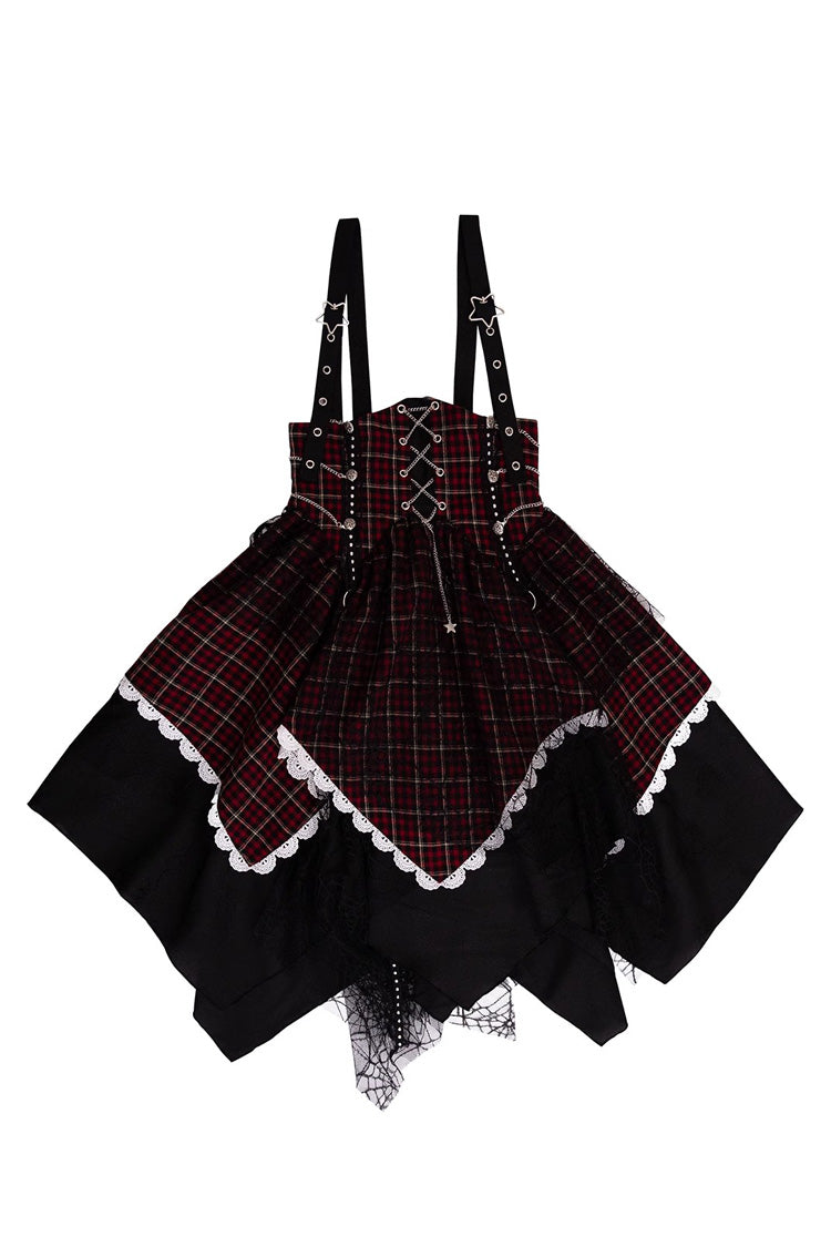 Black/Red [Soul Mantra] Plaid Print Irregular Sweet Lolita Strap Dress