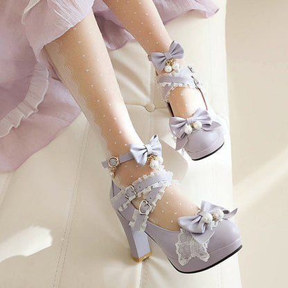 Sweet Ruffled Bow Lace Pearl-Decorated Lolita High Heels 6 Colors