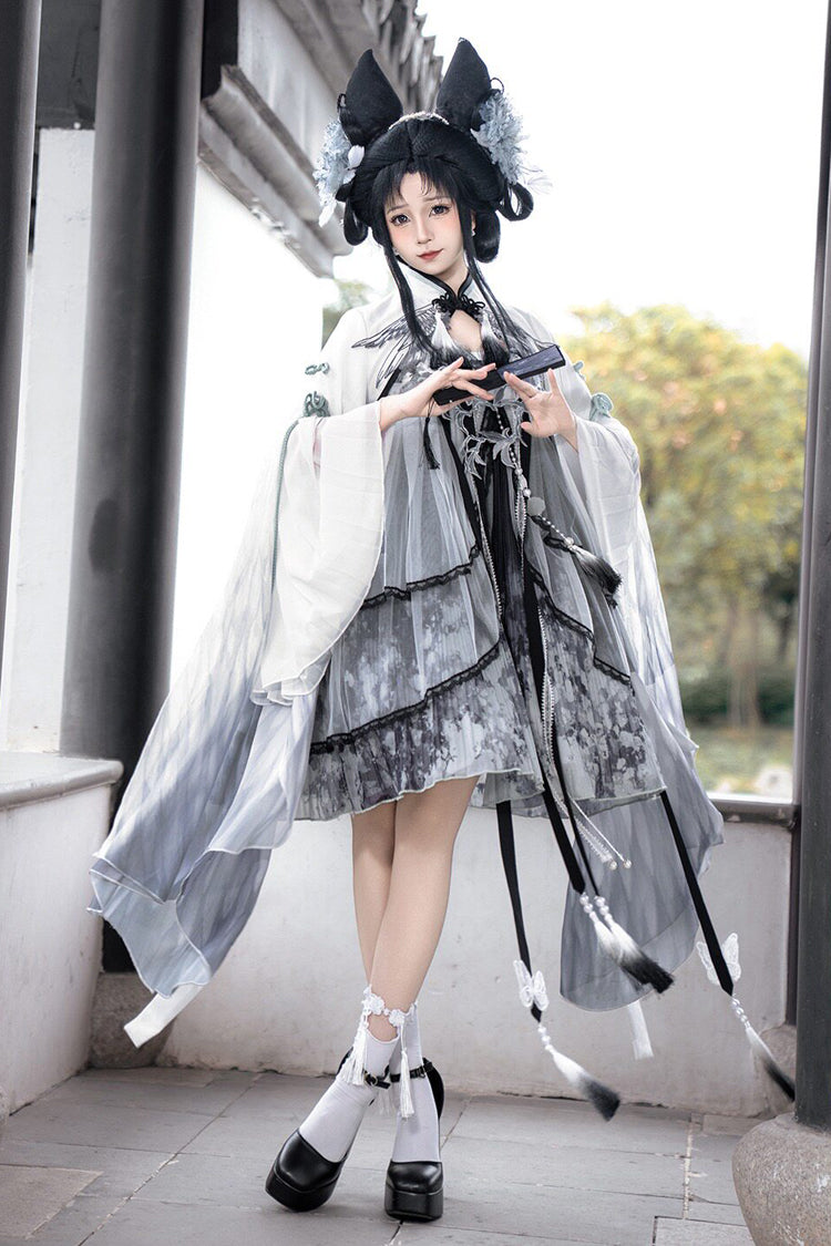Black/White [Magpie Feather] High Waisted Printed Women's Classic Chinese Style Hanfu Dress Set