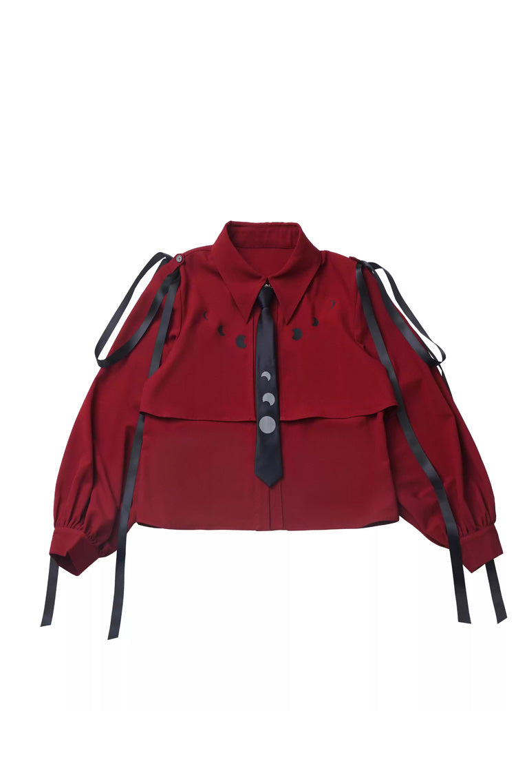 Red/Black [Moonlight Flowing] Long/Short Sleeves Ruffled Asymmetric Gothic Jirai Kei Skirt Set