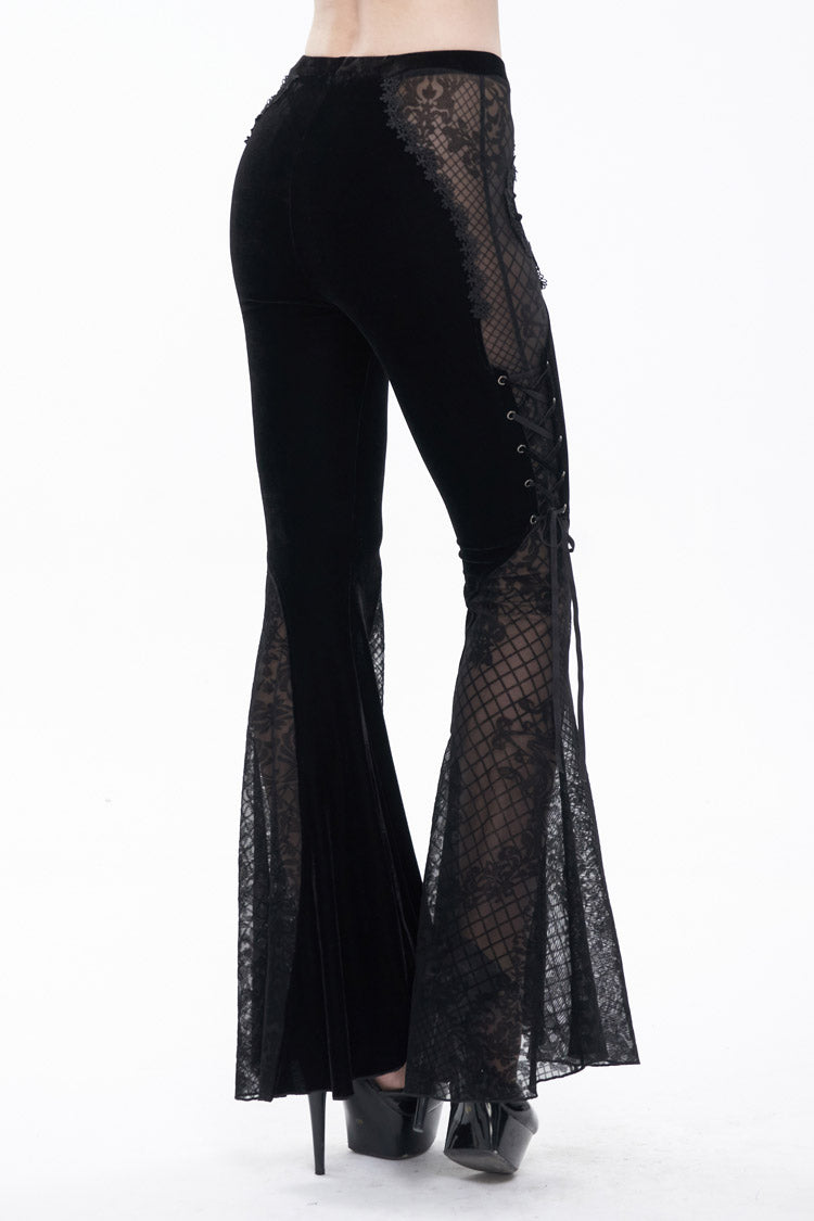 Black Translucent Velvet Jacquard Sexy Panel Lace-Up Plaid Flared Gothic Women's Pants