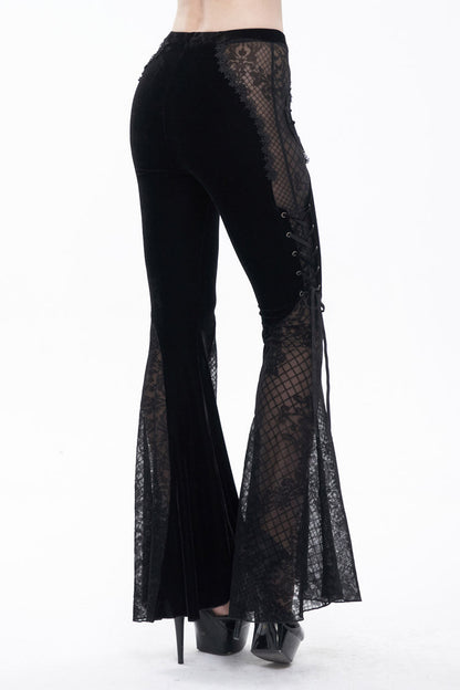 Black Translucent Velvet Jacquard Sexy Panel Lace-Up Plaid Flared Gothic Women's Pants