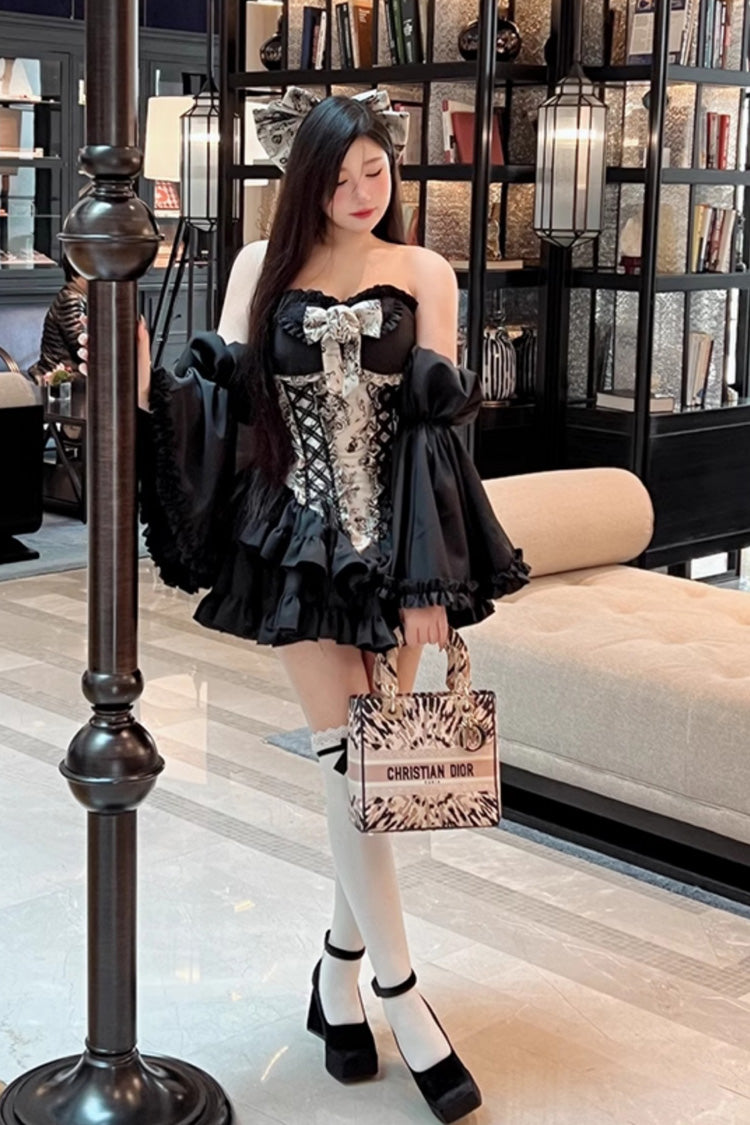 Black [Gentle Treasure] Print Ruffle Embroidery Bowknot Gothic Princess Lolita Strapless Dress