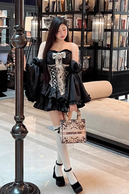 Black [Gentle Treasure] Print Ruffle Embroidery Bowknot Gothic Princess Lolita Strapless Dress