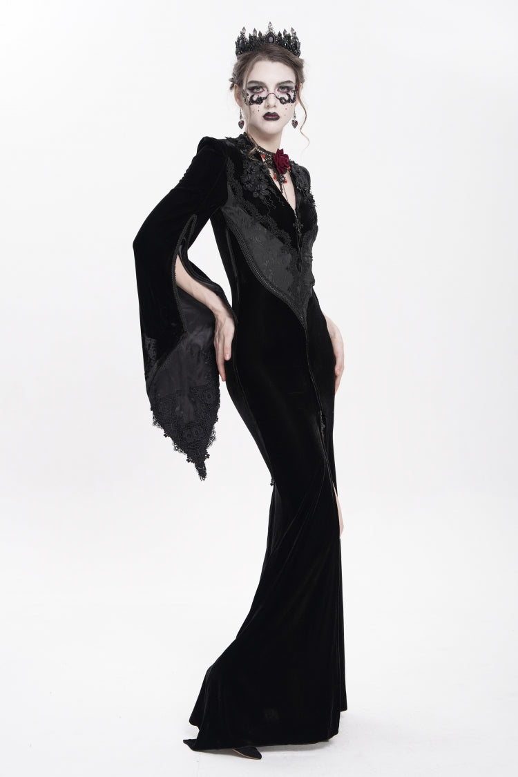 Black V Collar Long Trumpet Sleeves Floral Embroidered Velvet Women's Gothic Dress
