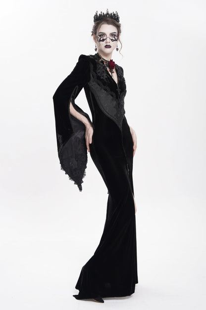 Black V Collar Long Trumpet Sleeves Floral Embroidered Velvet Women's Gothic Dress