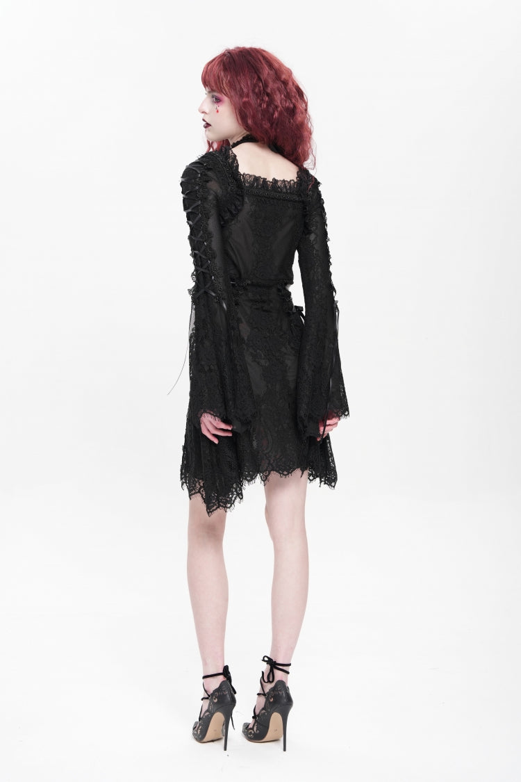 Black Square Collar Long Trumpet Sleeves Embroidered Lace-Up Women's Gothic Dress