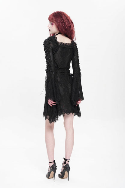 Black Square Collar Long Trumpet Sleeves Embroidered Lace-Up Women's Gothic Dress