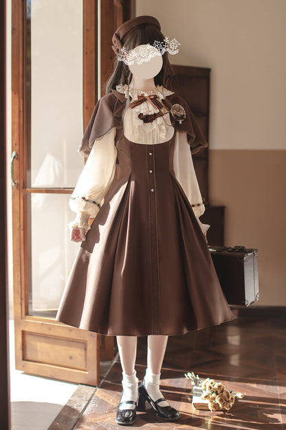 Brown/White [Sunset Academy] Long Sleeves Ruffle Bowknot Fake Two Pieces Vintage College Style Elegant Lolita Dress