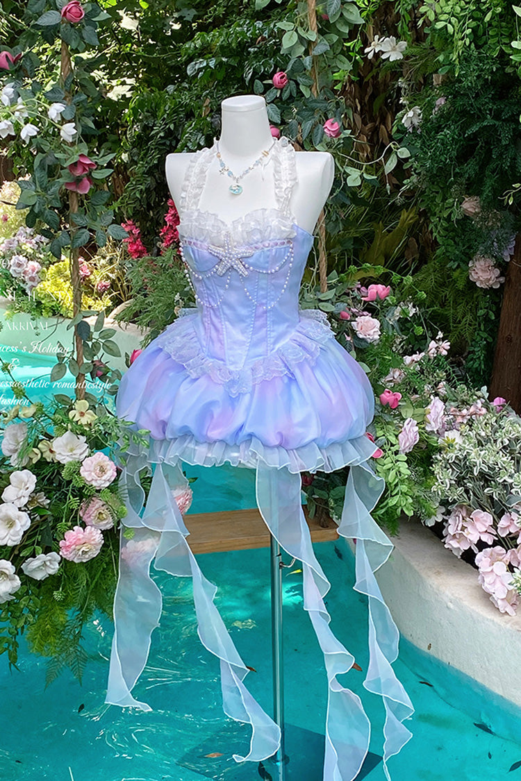 Blue [Starlight Jellyfish Princess] Halterneck Sleeveless Ruffle Lace Sweet Lolita Jsk Dress