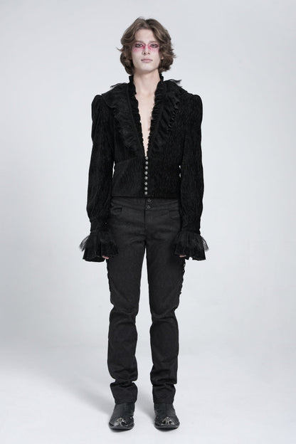 Black V Collar Long Sleeves Ruffle Stitching Lace Men's Gothic Blouse