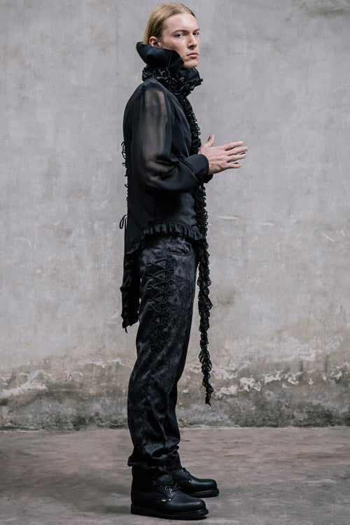 Black Side Discoid Flowers Back Waist Lace Up Gothic Jacquard Mens Pants