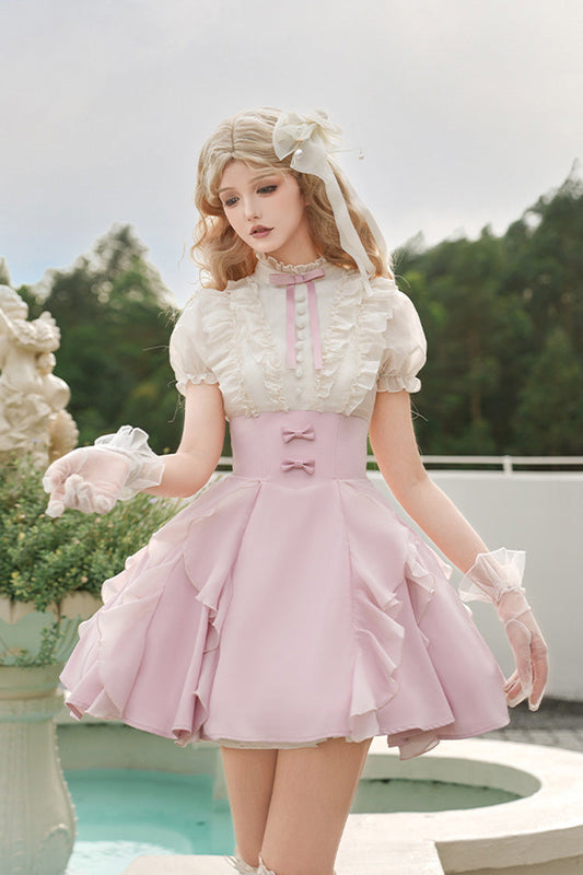 Pink/Apricot [Miss Lola] Stand Collar Short Sleeves Ruffle Bowknot Sweet Lolita Dress