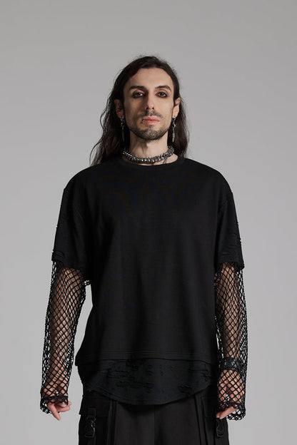 Black Round Collar Long Sleeves Mesh Ripped Men's Punk T-Shirt