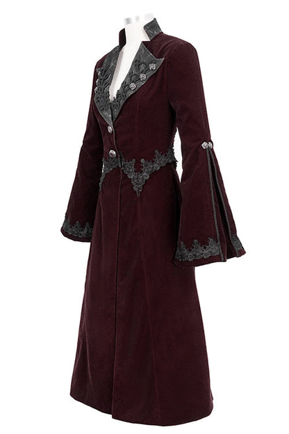 Red Lace Flared Sleeves Velvet Long Womens Gothic Coat