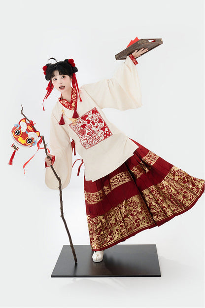 Red/Apricot V Collar Lantern Sleeves High Waisted Print Hot Stamping Women's Sweet Classic Hanfu Two Piece