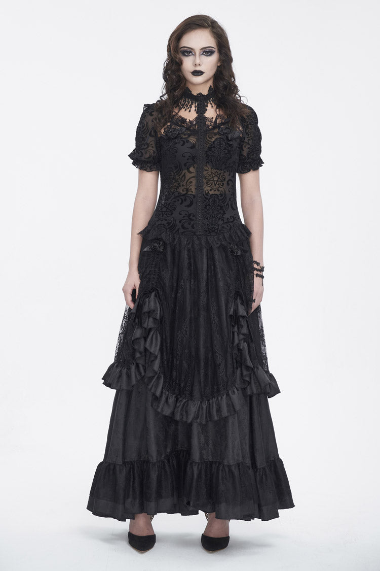 Black Short Sleeves Print Ruffle Lace Sheer Women's Gothic Blouse