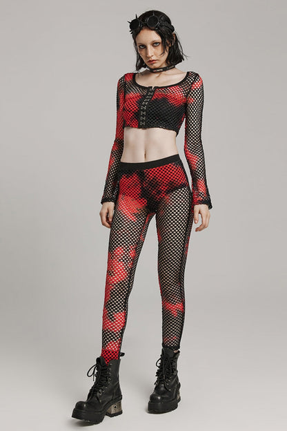 Tie-dyed Print Stitching Sheer Mesh Women's Steampunk Leggings 3 Colors