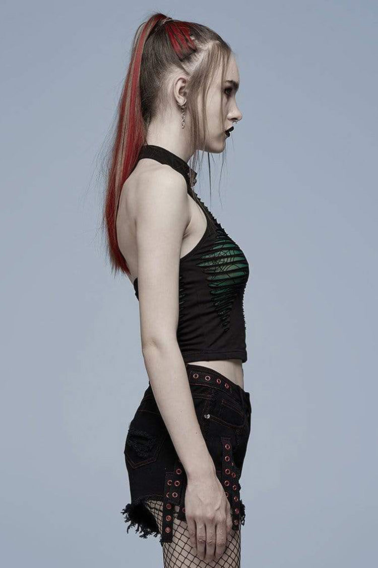 Stretch Knitted Fabric Hollowed Out Spider Print Adjustable Women's Gothic Halter Vest