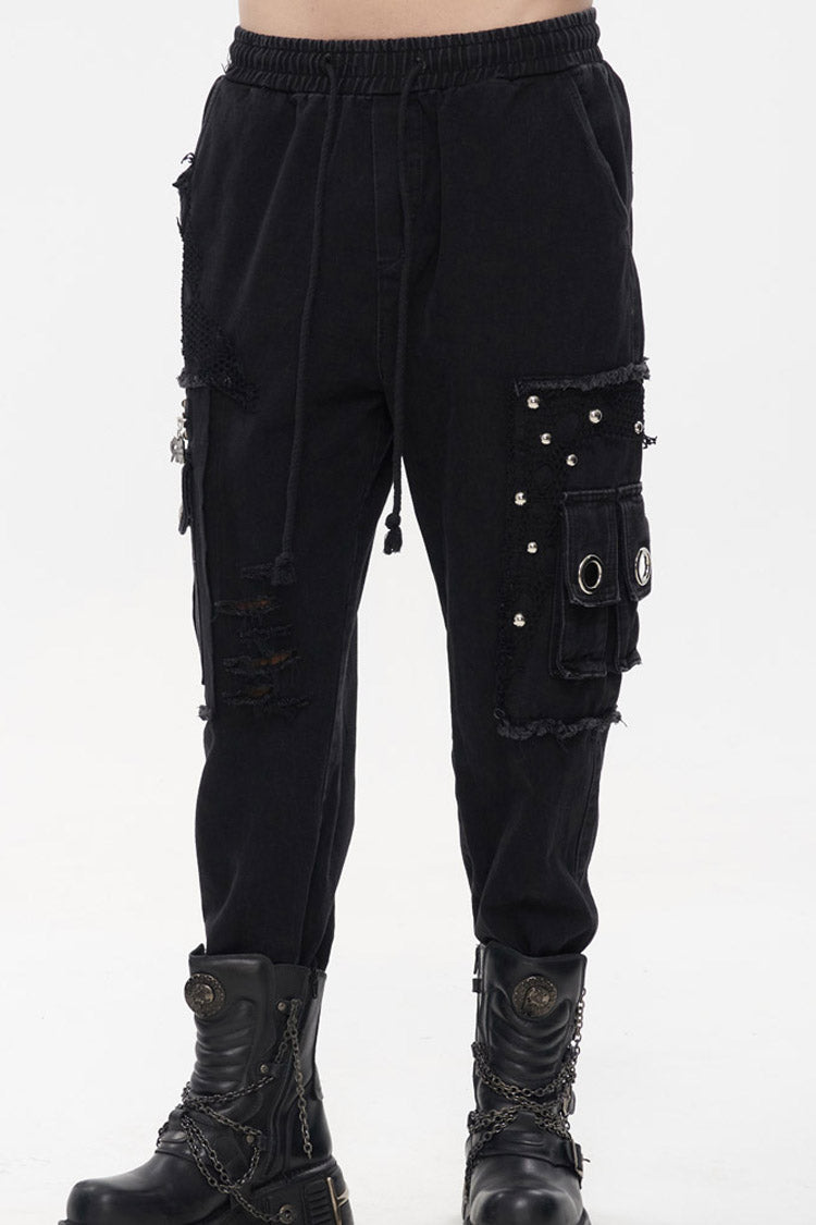 Black Punk Basic Funds Metal Pentagram Crackle Men's Pants