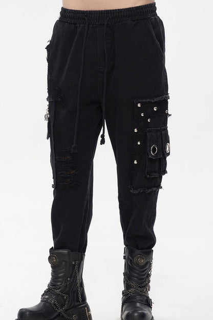Black Punk Basic Funds Metal Pentagram Crackle Men's Pants