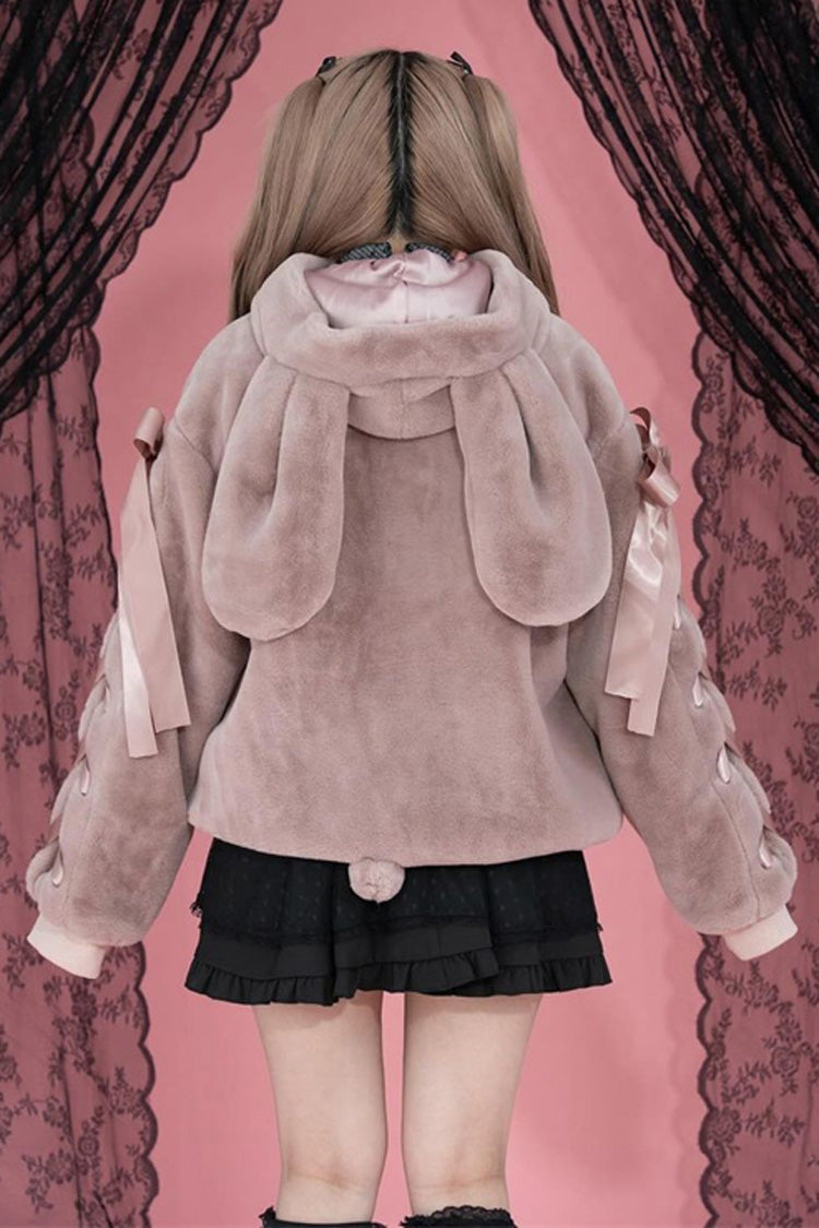 Pink Rabbit Ears Long Sleeves Bowknot Lace-Up Hooded Jirai Kei Coat