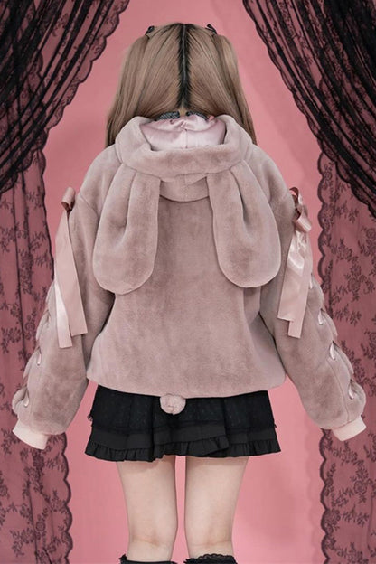 Pink Rabbit Ears Long Sleeves Bowknot Lace-Up Hooded Jirai Kei Coat