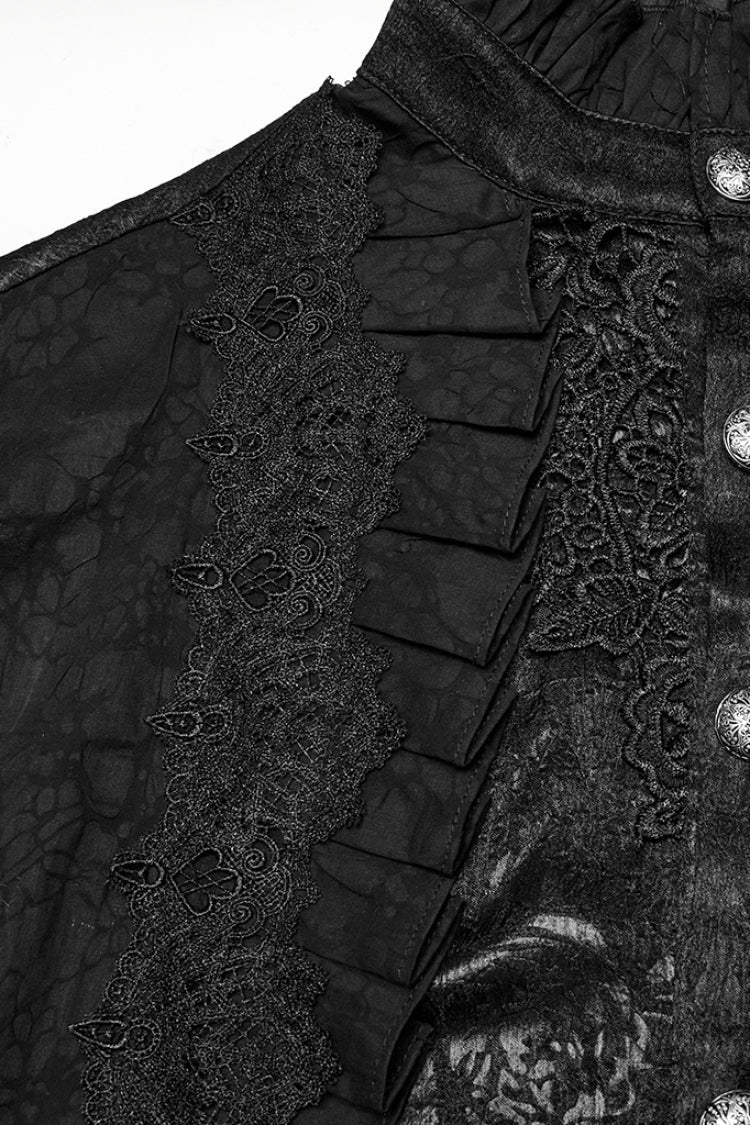 Black Stand Collar Long Puff Sleeves Jacquard Ruffle Embroidery Men's Gothic Blouse