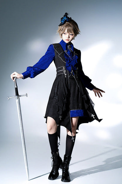 Black/Blue Courtly Knight-Style Long Sleeves Ruffle Embroidery Prince Ouji Lolita Set
