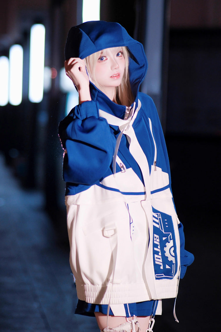 White/Blue [Zero-Type Transformation] Techwear Long Sleeves Embroidered Hooded Punk Jirai Kei Shorts Coat Set
