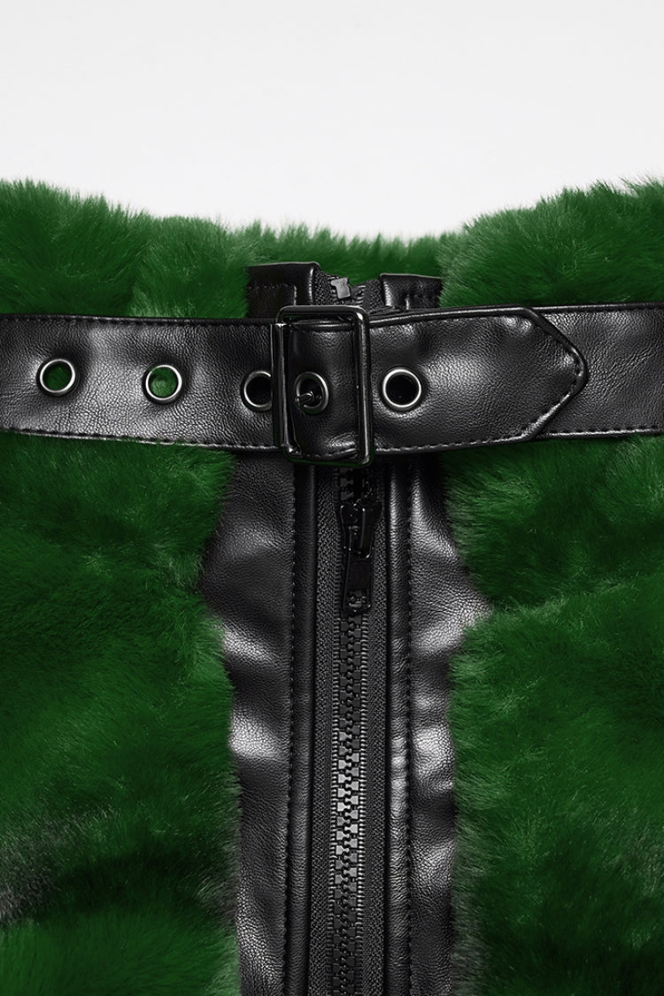 Green Stand Collar Long Sleeves Buckle Straps Faux Fur Women's Punk Short Cloak
