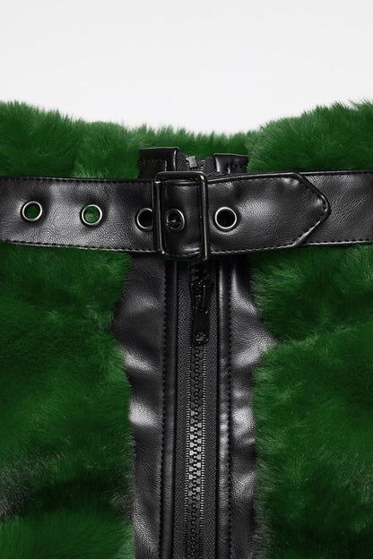 Green Stand Collar Long Sleeves Buckle Straps Faux Fur Women's Punk Short Cloak