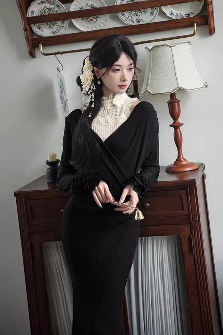 Black [Secret Crush] Long Sleeves Stretch Knit Slim Gothic Lolita Fishtail Dress