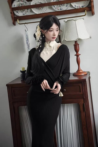 Black [Secret Crush] Long Sleeves Stretch Knit Slim Gothic Lolita Fishtail Dress