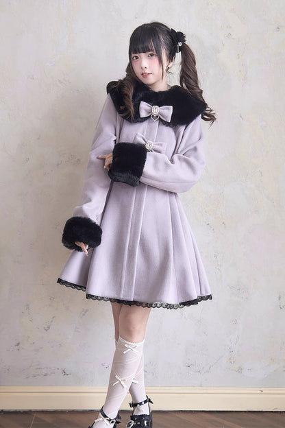 Sweet Plush Collar Waist-cinched Long Sleeves Bowknot Lace Japanese Lolita Coat 4 Colors