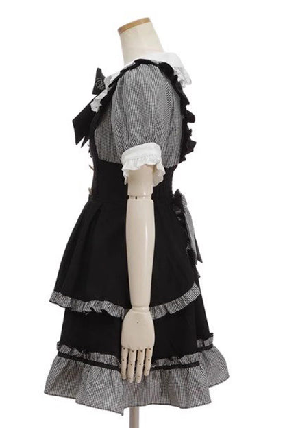 Black Short Puff Sleeves Print Ruffle Bowknot Sweet Jirai Kei Lolita Dress