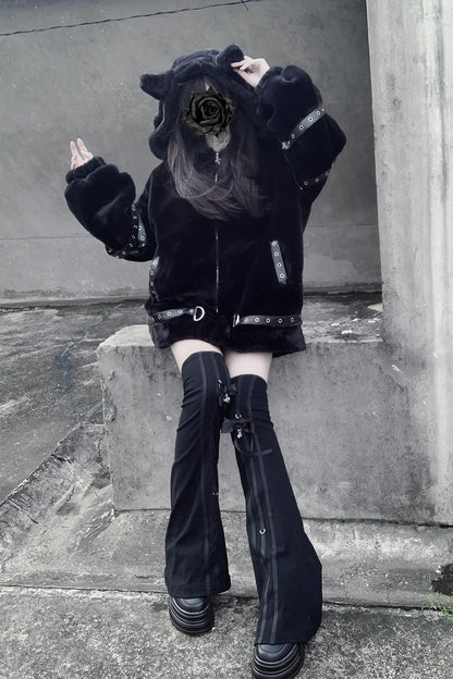 [Night Hunter] Cat Ear Long Sleeves Hooded Zippered Jirai Kei Coat 2 Colors