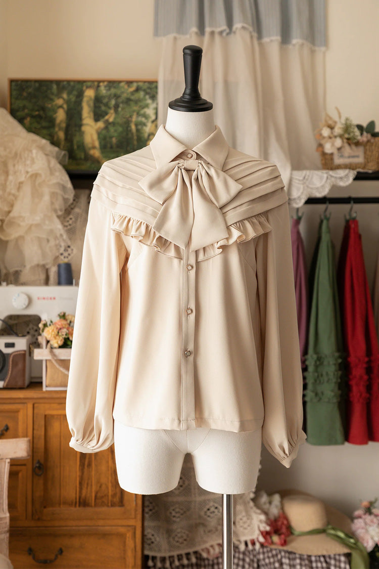 [Basket of the Forest] Lapel Collar Long Sleeves Ruffled Bow Classic Elegant Lolita Blouse 4 Colors