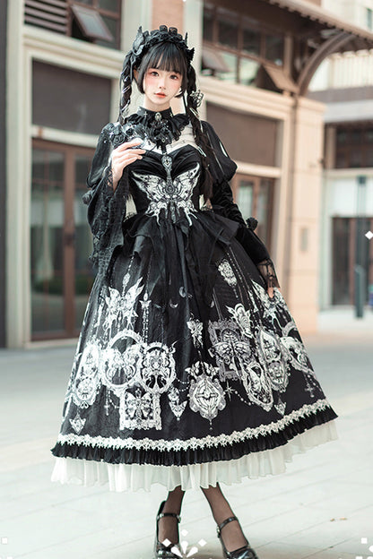Black [Feast of Bones] Print Ruffle Bowknot Lace Gothic Elegant Lolita Long Dress