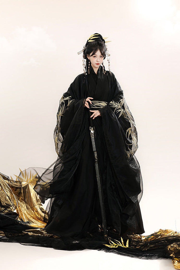 Black [Bamboo Leaves] V Collar Trumpet Sleeves High Waisted Embroidered Women's Classic Hanfu Dress Set