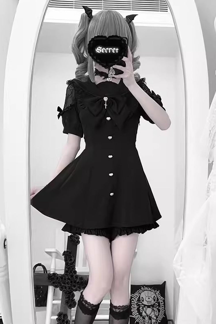 Black [Night Glaze] Long Short Sleeves Ruffled Bow Gothic Plus Size Jirai Kei Dress and Shorts Set