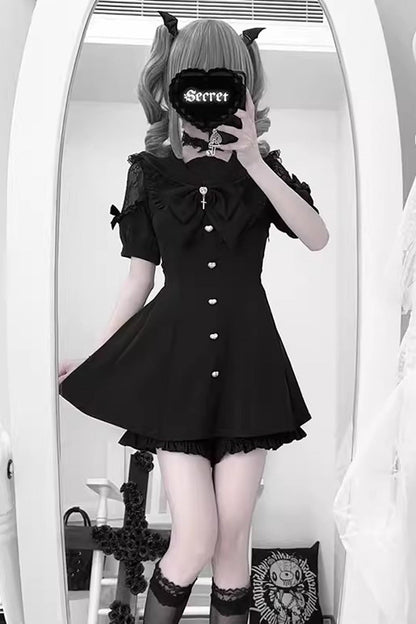 Black [Night Glaze] Long Short Sleeves Ruffled Bow Gothic Plus Size Jirai Kei Dress and Shorts Set
