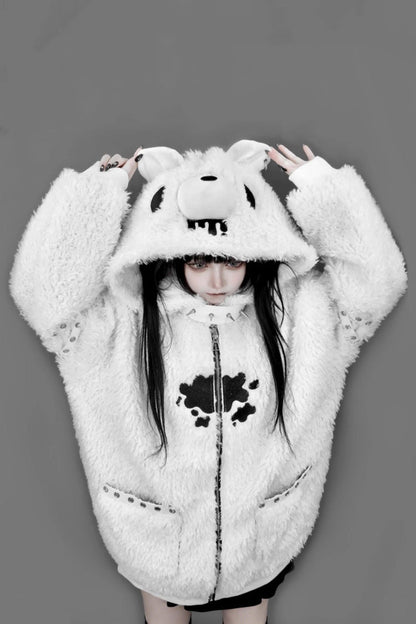 White Long Sleeves Bear Ears Hooded Zippered Gothic Jirai Kei Lolita Coat