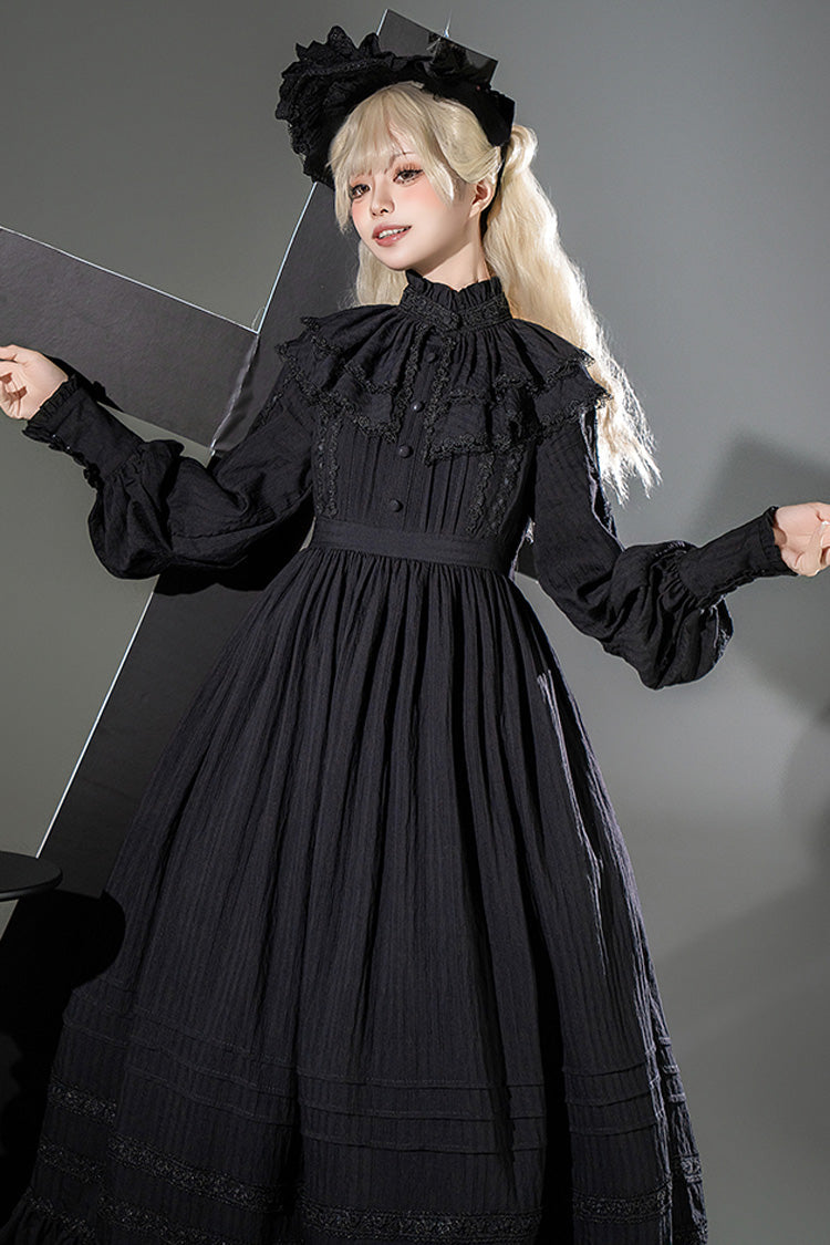 Black [Quiet Place] Long Sleeves Jacquard Ruffle Embroidery Bowknot Gothic Lolita Dress