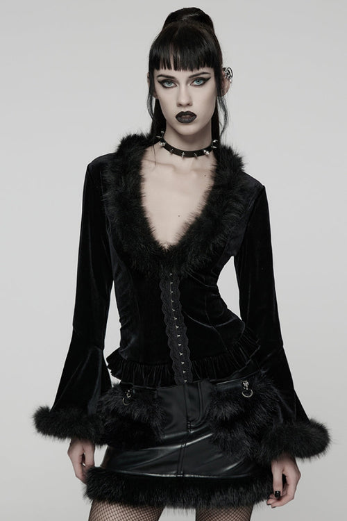 Black V Collar Long Sleeves Faux Fur Spliced Lace-Up Women's Gothic Cardigan