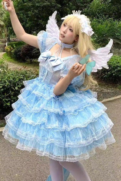 Blue Short Sleeves Multi-Layered Ruffle Hanayome Bowknot Lace Plus Size Sweet Lolita Dress