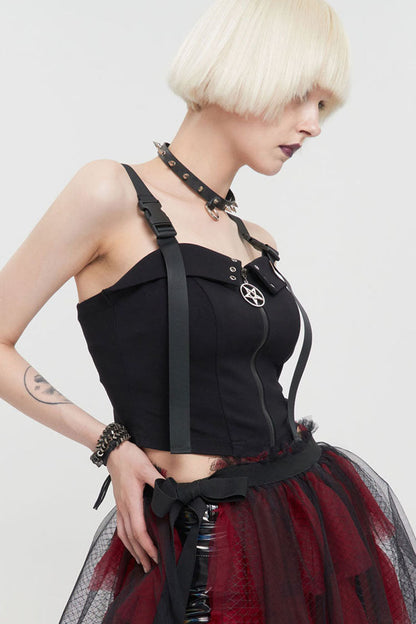 Black Punk Knitted Fabric Adjustable Suspenders Snaps Front Metal Zipper Women's Vest