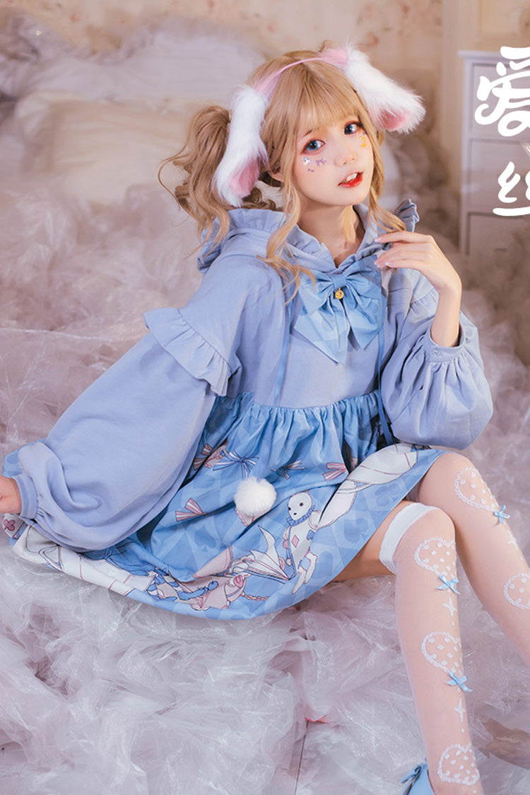 Blue Lantern Long Sleeves Alice Rabbit Print Hooded Cute Sweet Lolita OP Dress