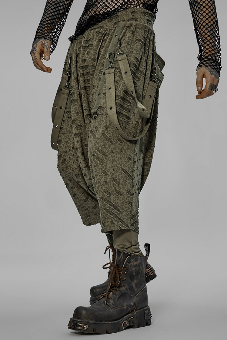 Green Ripped Men's Punk Sagging Pants with Straps